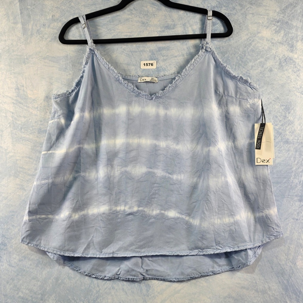 Dex Womens Blue Tie Dye Tencel Cami Top Frayed V-Neck Adjustable‎ Straps L NWT